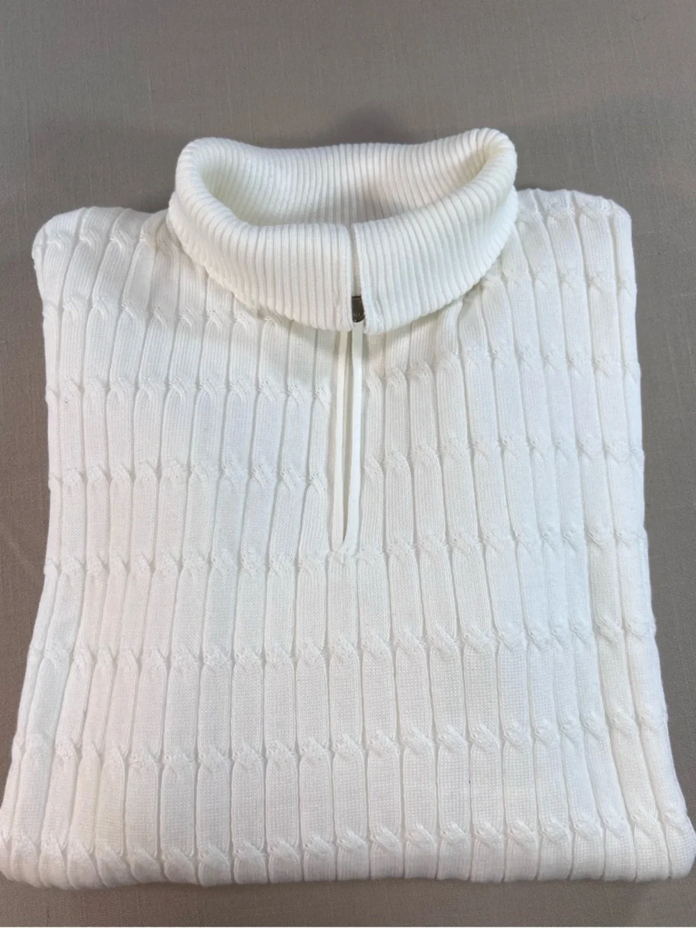 Textured Quarter Zip White Pullover Sweater Cable Knit Style Mock Neck Mens L